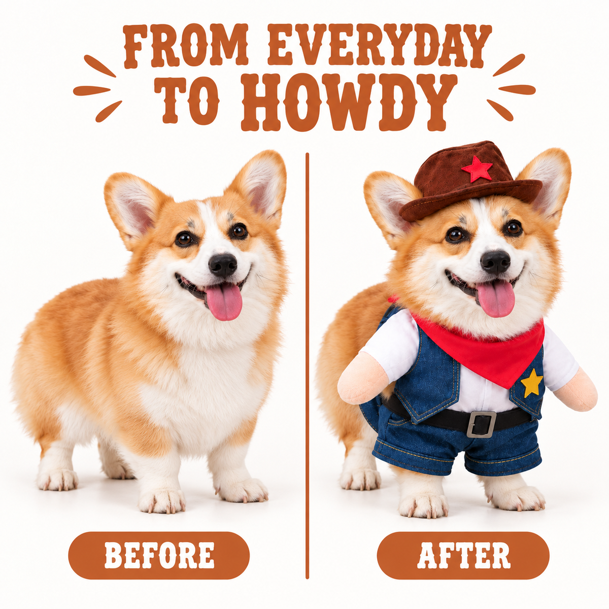 Dog cowboy costume before and after