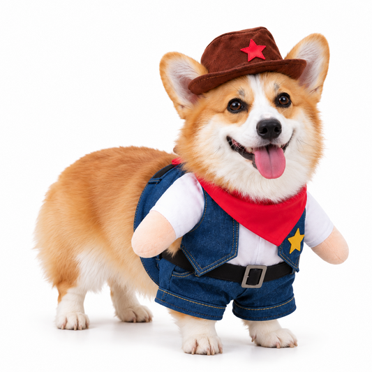 Dog wearing cowboy costume