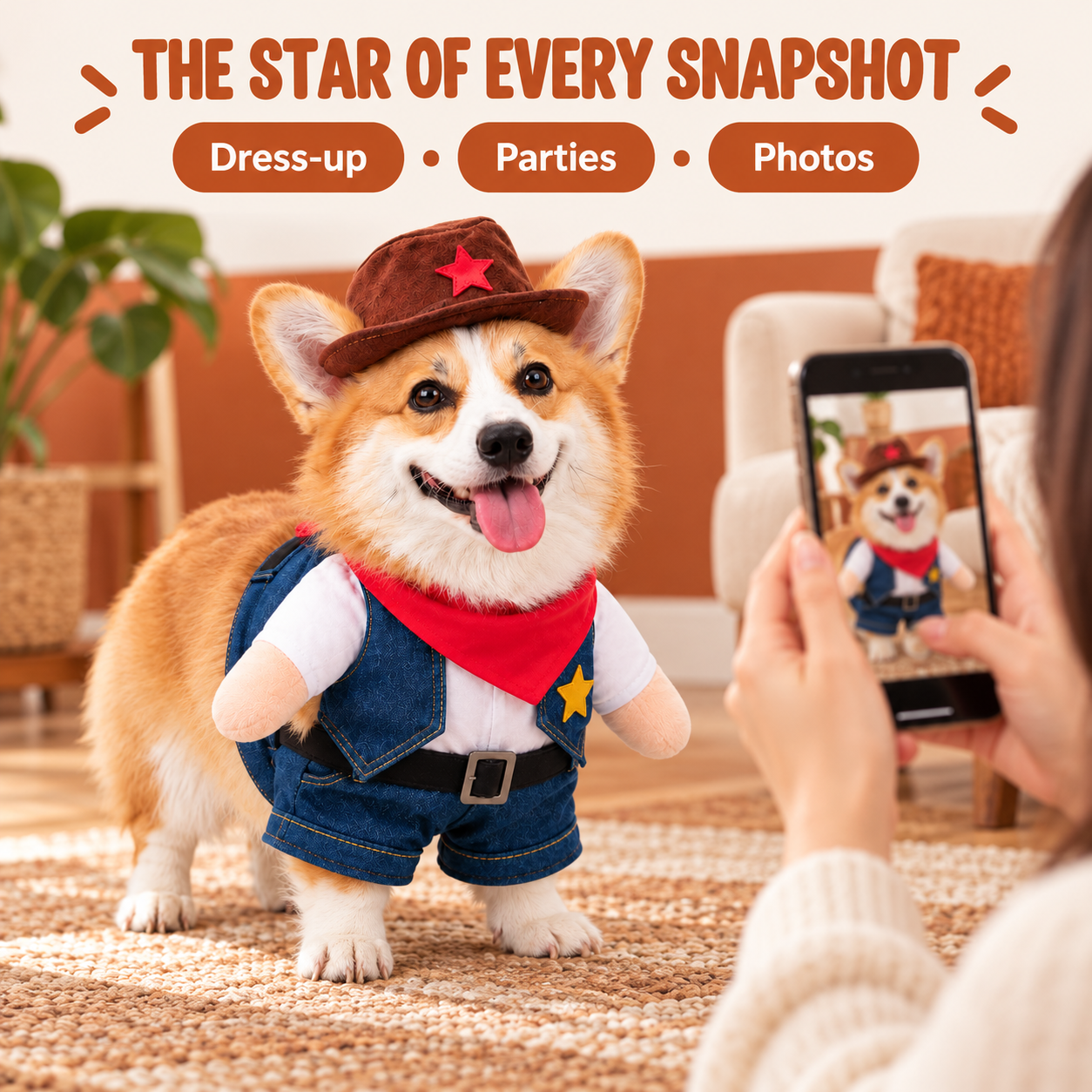 Dog in cowboy costume ready for photos